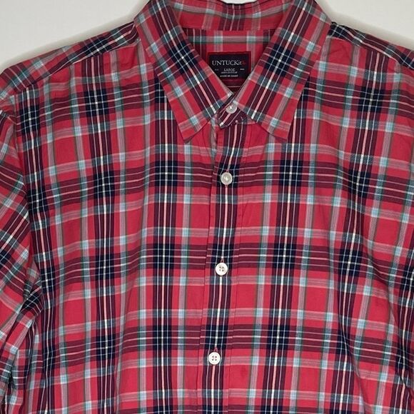 UNTUCKit Red-Navy-White Plaid Long Sleeve button down shirt in Size Large - Picture 4 of 6